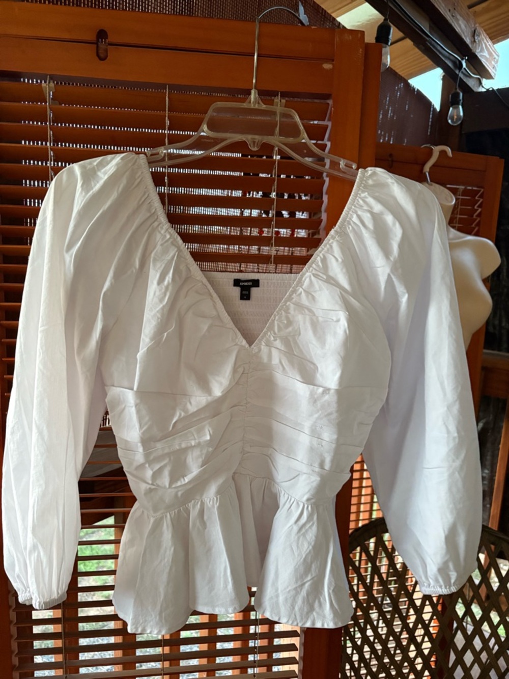 Express White V-Neck Ruched Peplum Top